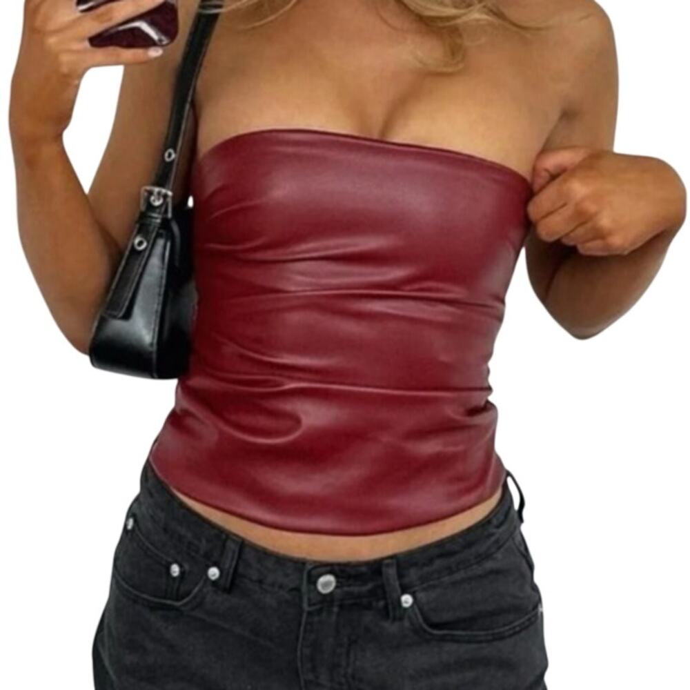 White Fox Red Faux Leather Tube Top XS